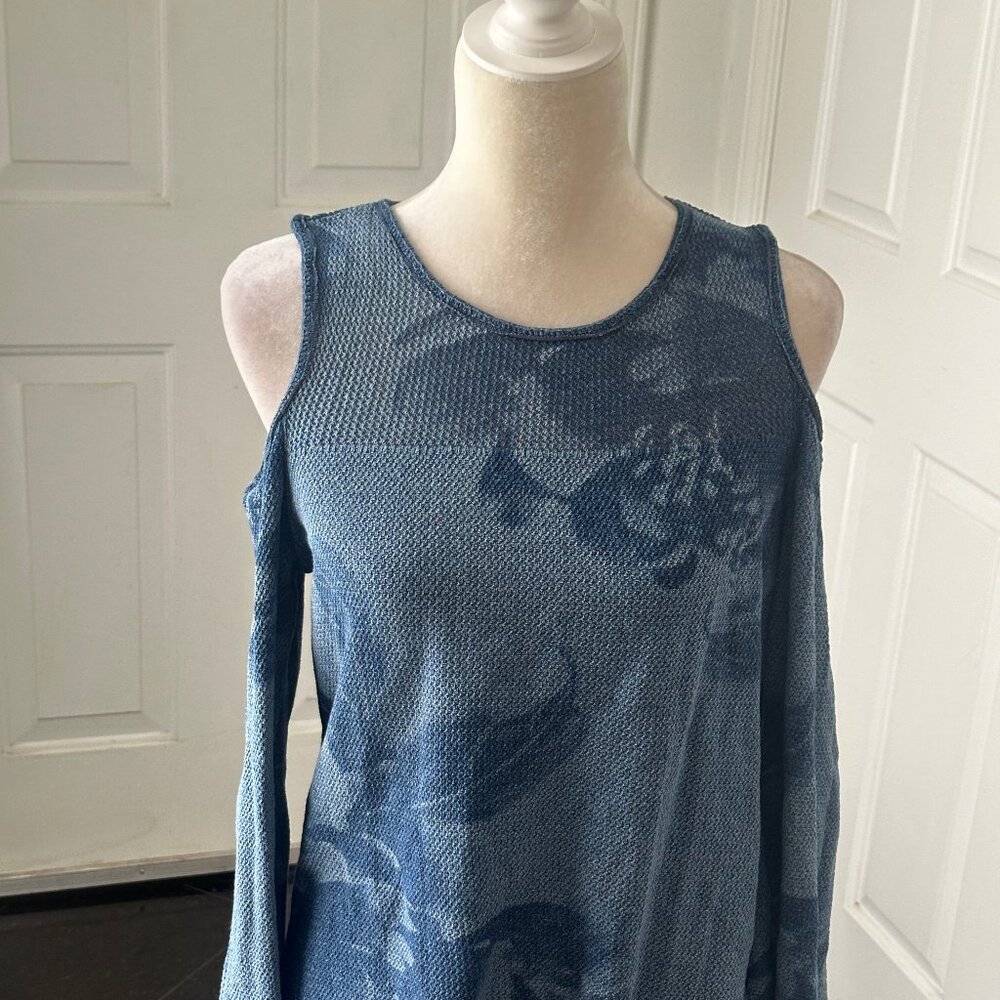 INC Blue Cotton Tunic Top Large Bell Sleeve Cold Shoulder Textured Knit